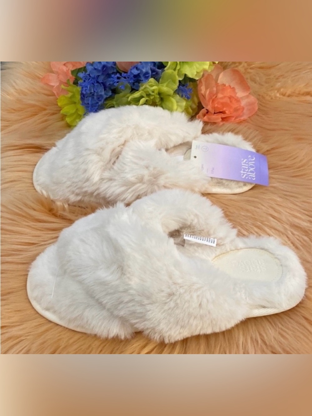 Faux Fur Fluffy Slip On Women’s Slippers Slides Sz SML 5/6 Off White NEW!